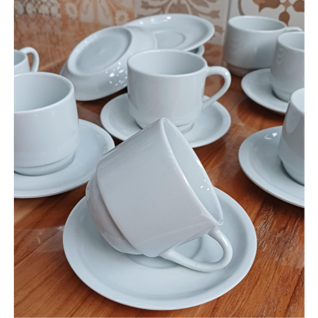 Kit Jogo 6 Xicara Branca 200ml Com Pires de Porcelana Branco para Café Chá Cappuccino Hotel