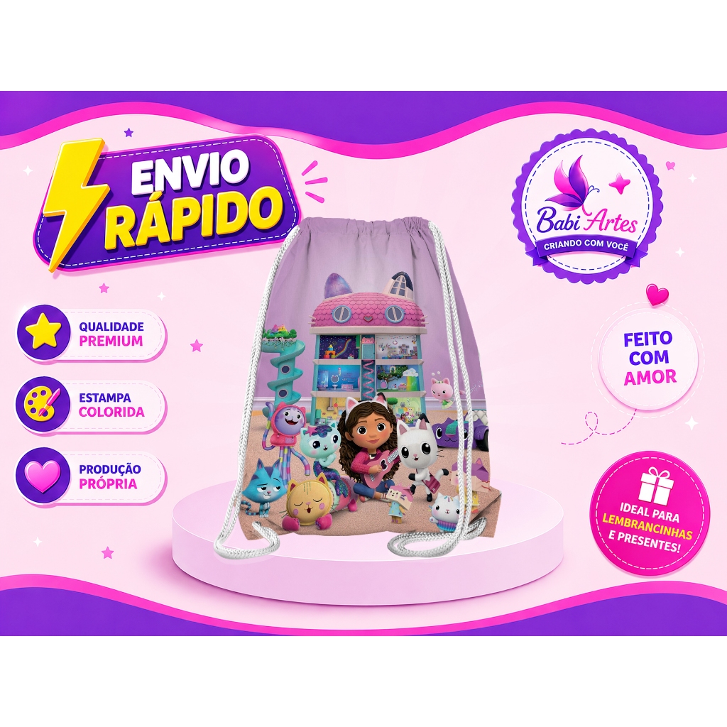 Mochilinha Saco A Casa Mágica da Gabby Festa Aniversário Lembrancinha Saquinho Infantil Envio Rápido