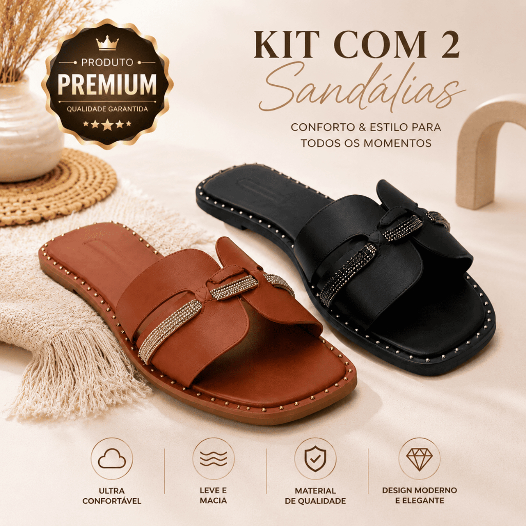 Kit 2 Sandálias Rasteiras Femininas Strass Tachas Trançada Confortável Casual Moderna Dia a Dia