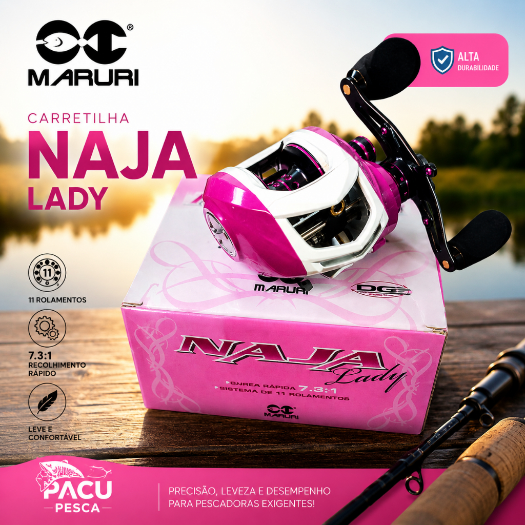 Carretilha ROSA Lady Naja 10 Rolamentos Maruri Rosa Direita