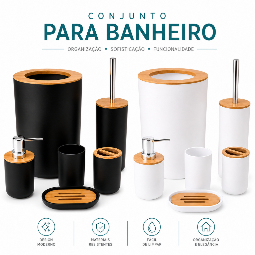 Kit de Banheiro Completo 6 Peças Acessórios Lixeira Lixo Porta Sabonete Líquido Escova Sanitária