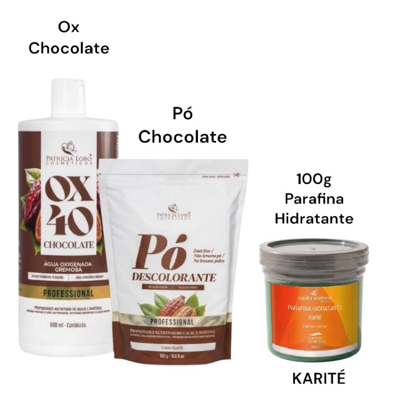 Kit Banho De Lua Clareador Profissional Chocolate Ox 40 + Pó Descolorante Patrícia Lobo + Parafina Protetora Karité