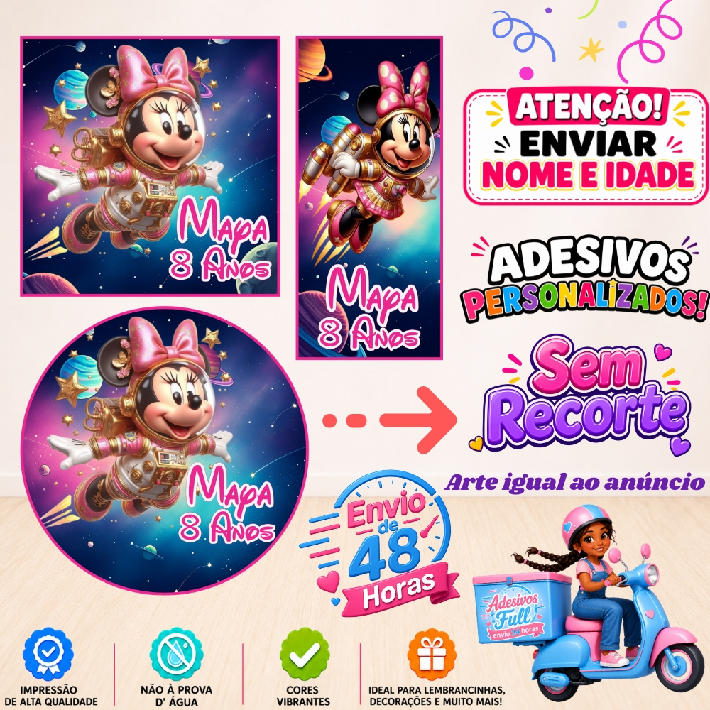 Minnie Astronauta - 100/60/40 Adesivos Personalizados Lembrancinhas Festa Aniversário