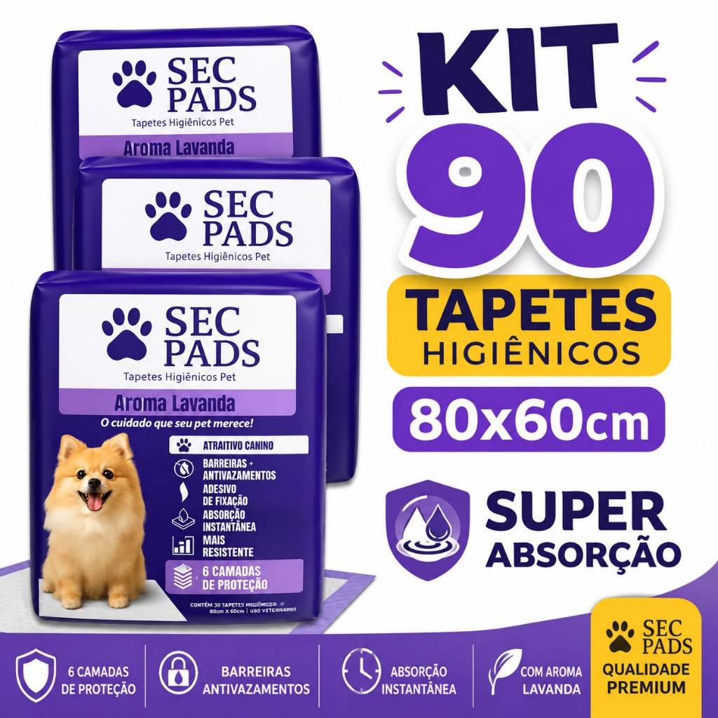 90 Tapete Higiênico Cachorro 80x60cm Cheirinho de Lavanda Super Absorvente Adesivo Fixador Antivazamento