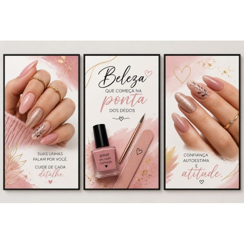 Quadro decorativo 3 peças unhas decoradas esmaltes salão de beleza estética nails designer