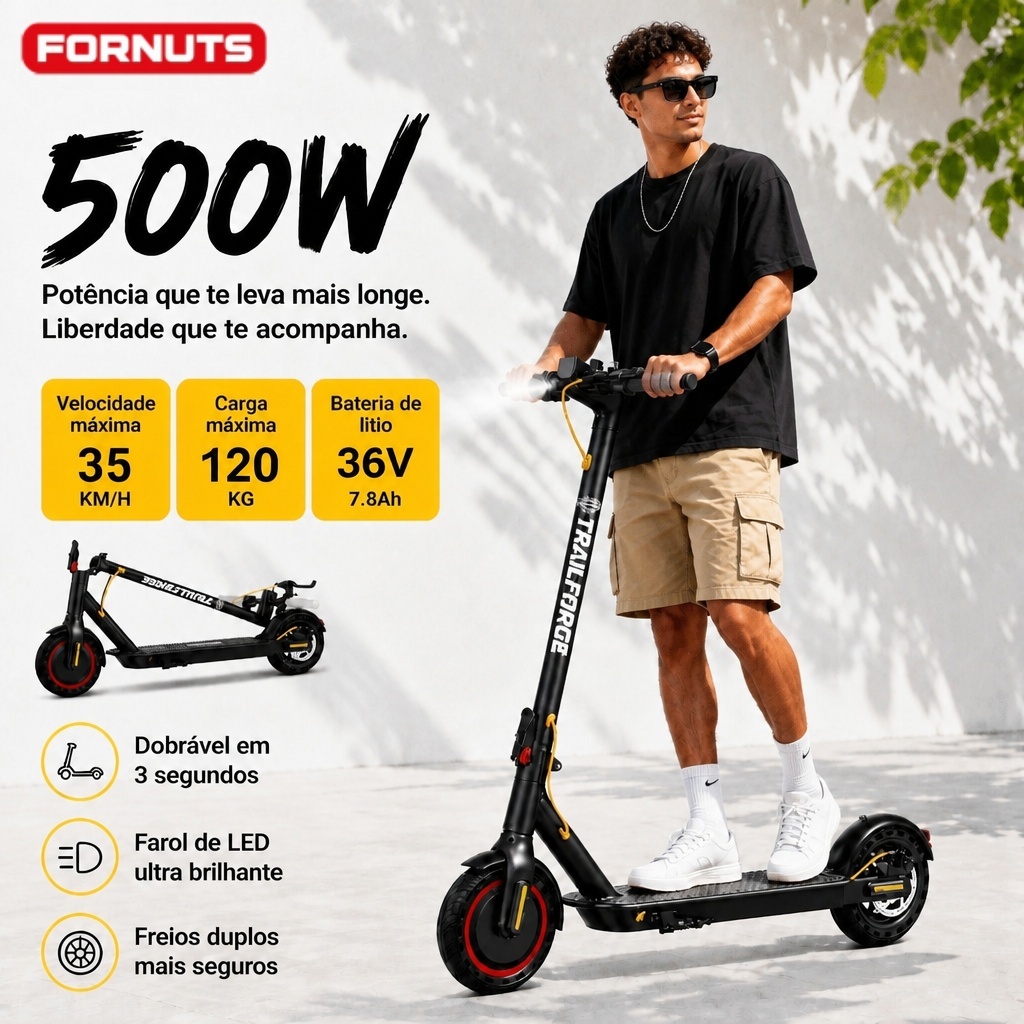 FORNUTS Patinete Elétrico 500W 35km/h Profissional Patinete Elétrico Scooter Para Adultos Suporta Até 120kg