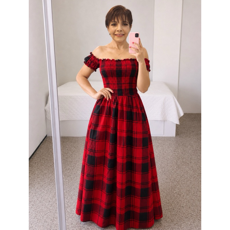 Vestido longo Sem forro, Ciganinha Estampado Ombro a Ombro Com Lastex, Tamanho Único , Xadrex
