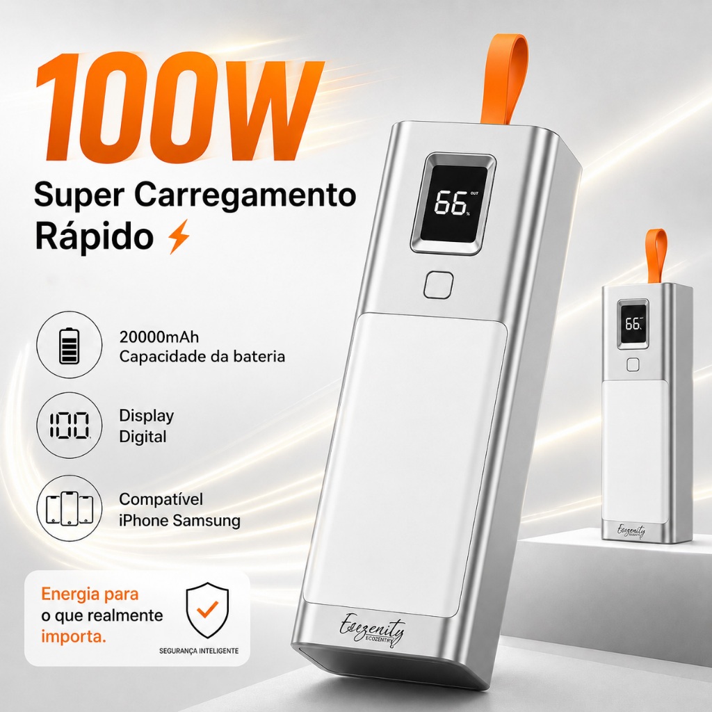 Power Bank 100w 20000mAh Carregador Portátil Carregamento Rápido com Display Digital Compatível iPhone Samsung