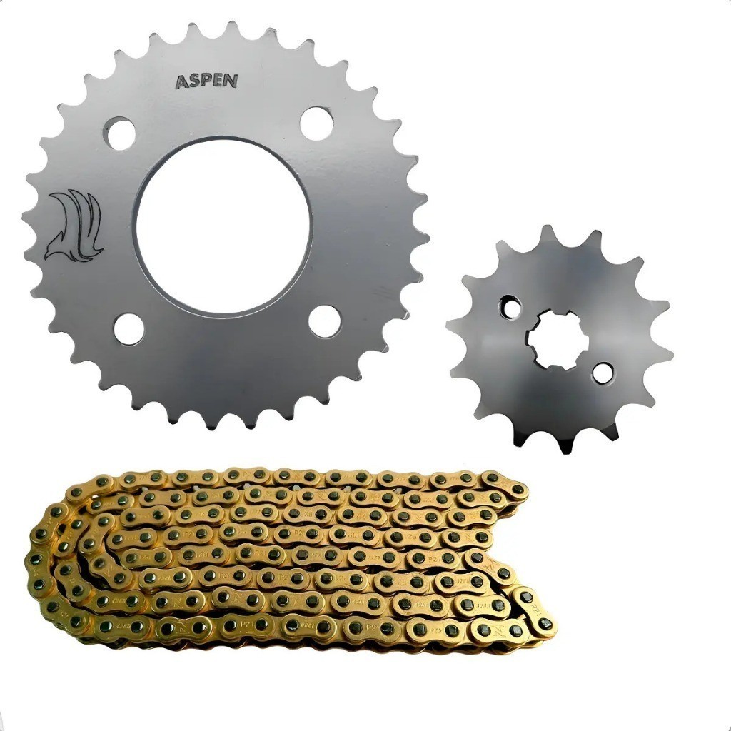 Kit Relação Aspen Corrente Dourada Coroa 38 Dentes Com Pinhão Titan Fan 2000 A 2008