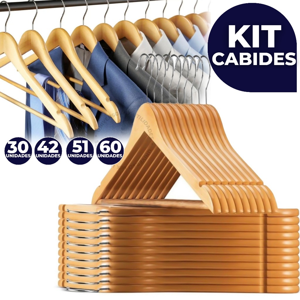 Kit Até 60 Cabides De Madeira Premium Marfim Para Roupas Calça Gancho Cromado