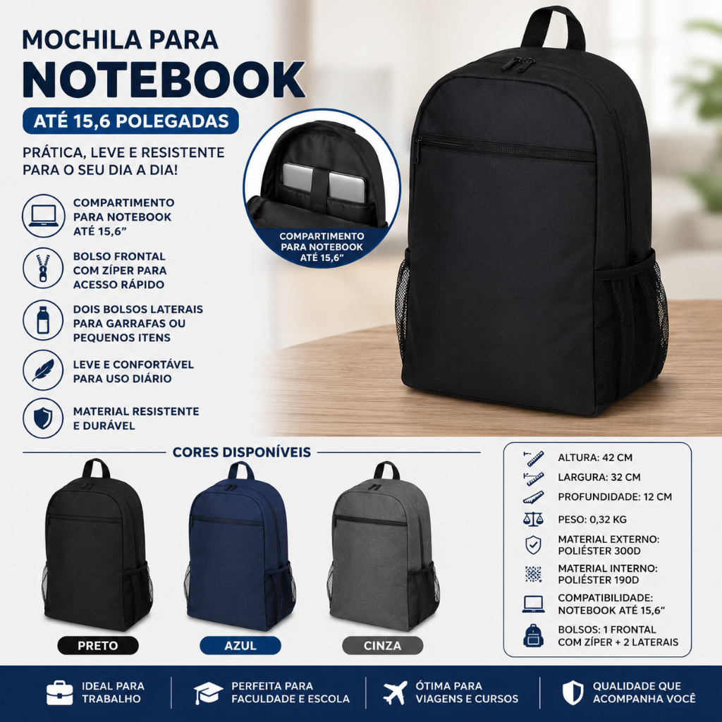 🎒 Mochila Notebook 15.6 Impermeável Resistente Escolar Faculdade Trabalho Viagem