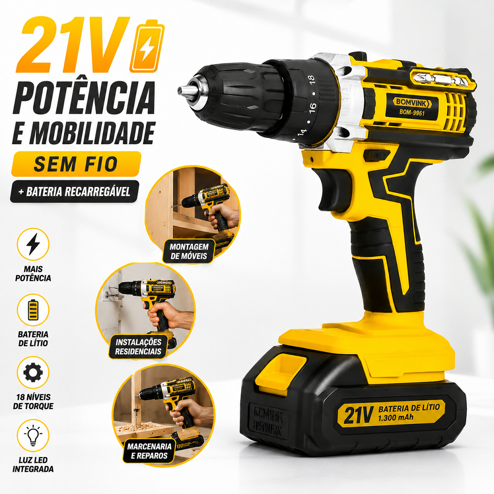 Parafusadeira Furadeira 21V Sem Fio Recarregável Bateria Lítio Carregador Bivolt Torque 18 Níveis LED Casa Oficina