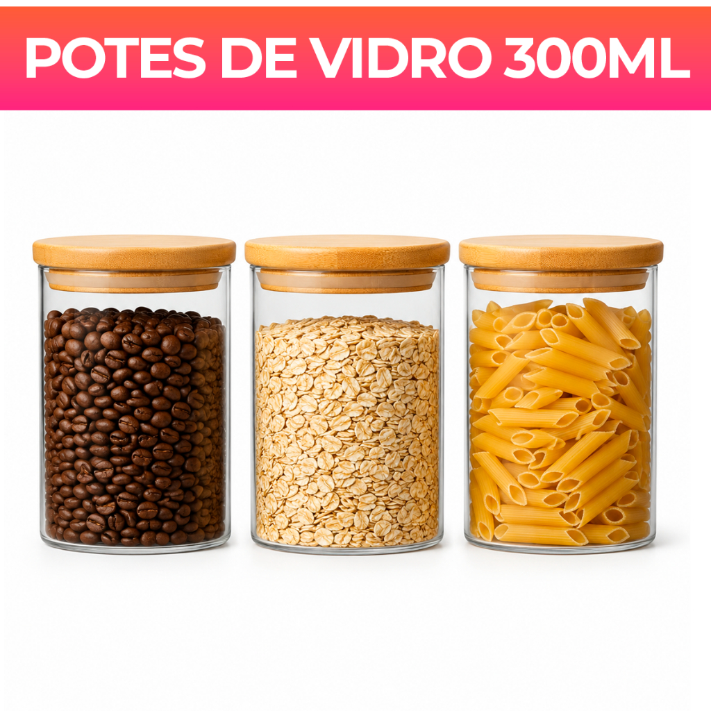 Kit potes de vidro com tampa de bambu herméticos para mantimentos empilháveis 300ml
