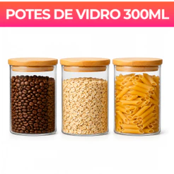 Kit potes de vidro redondo com tampa de bambu herméticos para mantimentos empilháveis 300ml