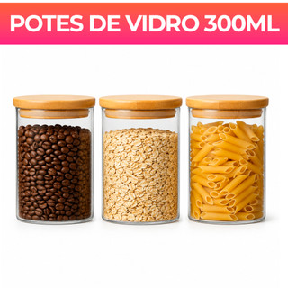 Kit potes de vidro com tampa de bambu herméticos para mantimentos empilháveis 300ml