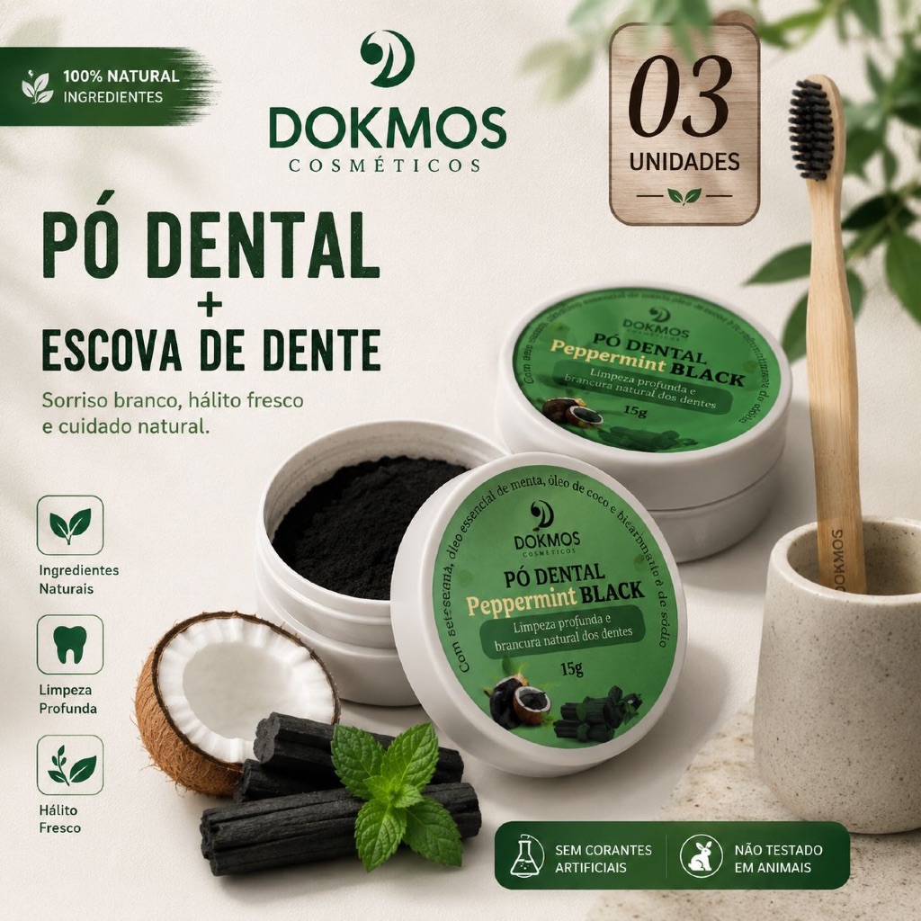 Kit 02 Pó Dental Clareador Natural Carvão Ativado Pepermint + Escova de Banbú Biodegradavel