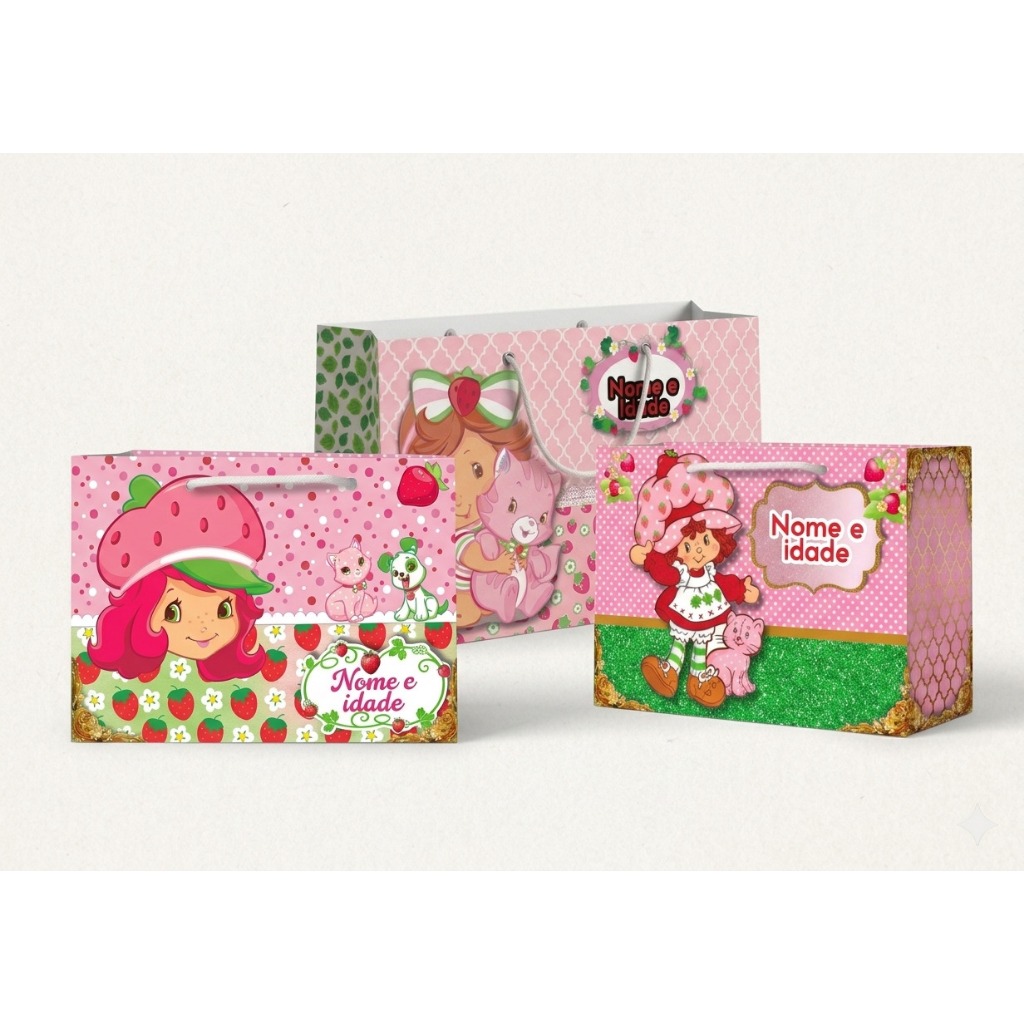 Sacolinha Personalizada Moranguinho Lembrancinha Aniversário Pegue e Monte 10/15/25  unid HORIZONTAL