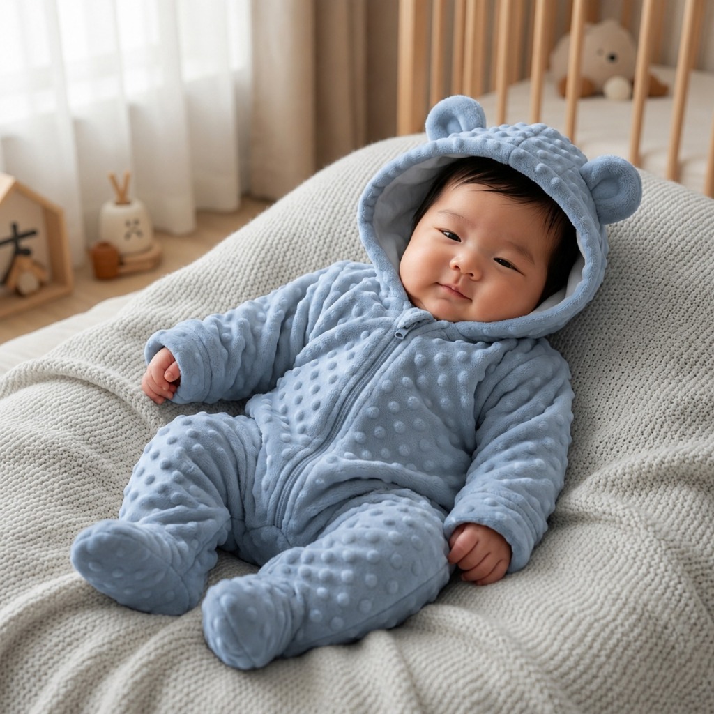 Macacão de Frio Bebê Pipoquinha Soft Pelúca Com Capuz Touca Zíper Inverno Fleece Quentinho Roupas