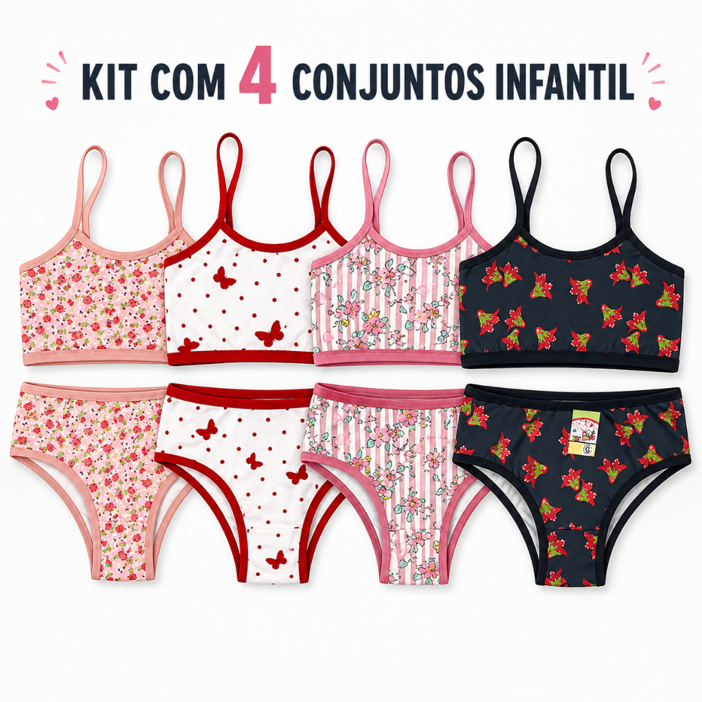 Kit 4 Conjuntos Infantil Top e Calcinha Estampada Microfibra Romantic