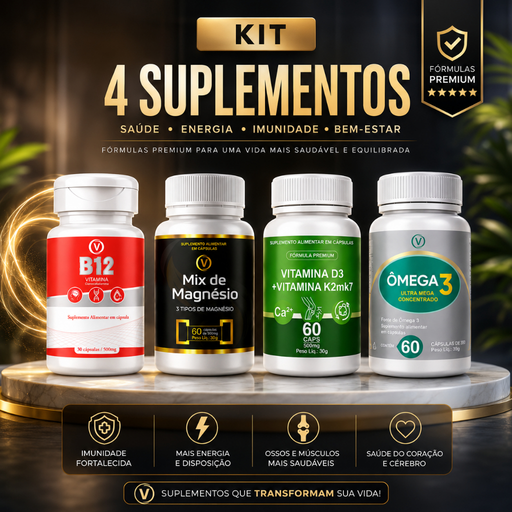 Kit Vitaminas e Minerais B12 D3 K2 Magnésio e Ômega 3 Imunidade Energia Ossos