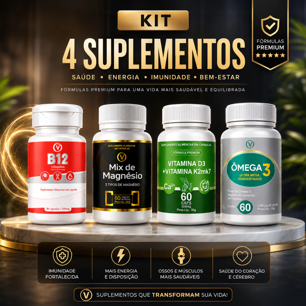 Kit Vitaminas e Minerais B12 D3 K2 Magnésio e Ômega 3 Imunidade Energia Ossos