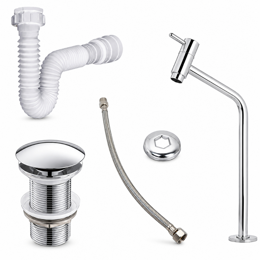 Kit de Banheiro - Torneira Bancada Link METAL+ Ralo Válvula click 7/8 Cromado + Sifão + Engate 40CM