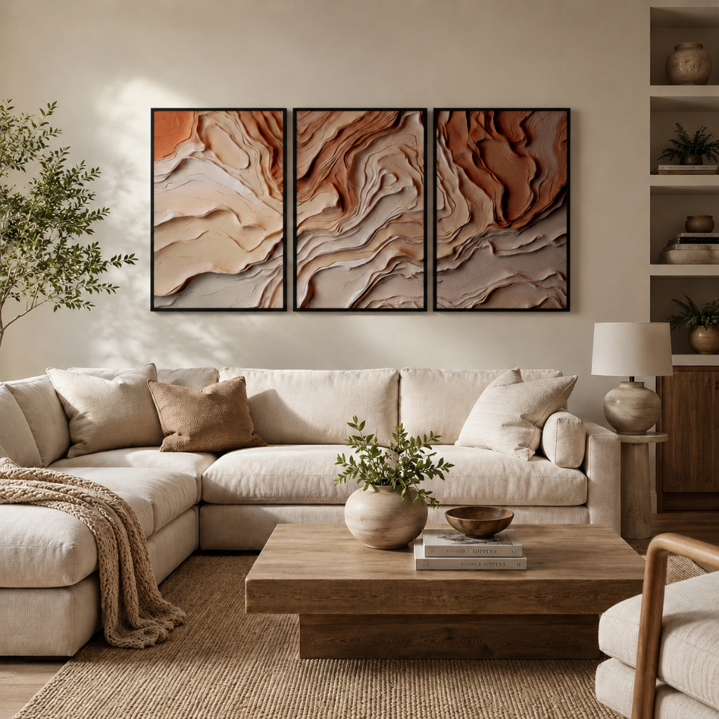Quadro Decorativo Tríptico Abstrato Geométrico 60x90 Com Moldura Para Sala Quarto Escritório
