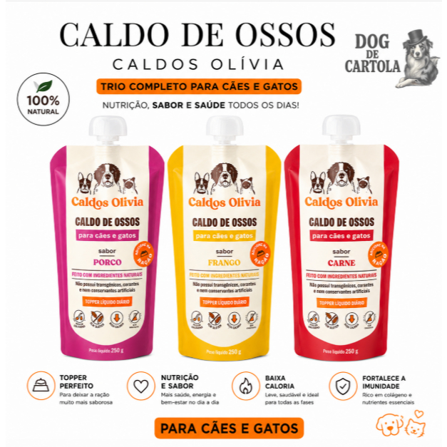 CALDO DE OSSOS TRIO DE SABORES - CALDOS OLÍVIA: FRANGO, PORCO E BOVINO, LÍQUIDO, PRONTO PARA SERVIR