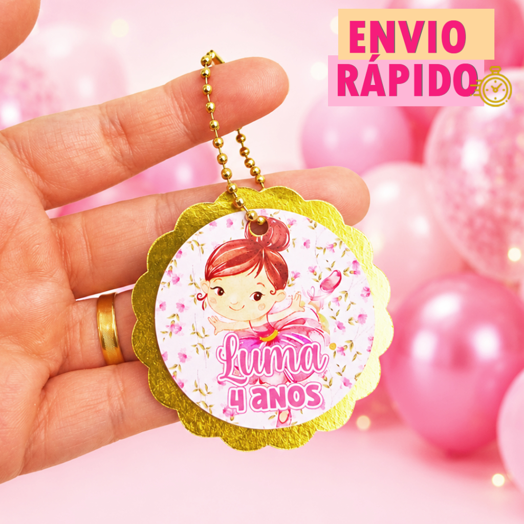 Tag Aplique 3D com correntinha | Bailarina Rosa Dourado | Consulte para mais temas