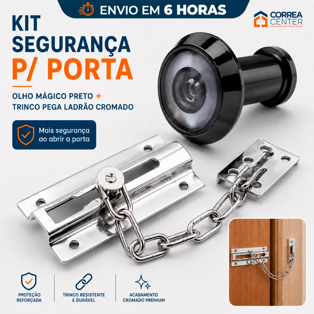 Kit Segurança Olho Magico Mágico Visor Fecho Trinco Pega Ladrão Corrente Porta Trava Cromado