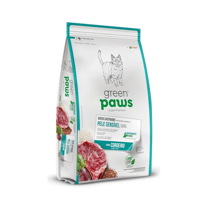 RAÇÃO GREEN PAWS GATO CASTRADO SABOR CORDEIRO 10,1KG PELE SENSIVEL