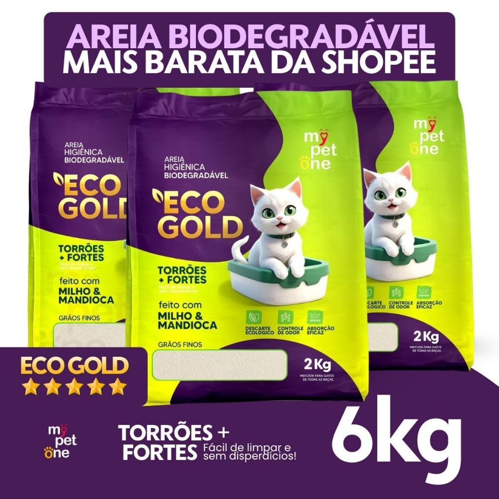 Kit 3 Areia Biodegradável Bio Gold Fina MyPetOne - 2Kg