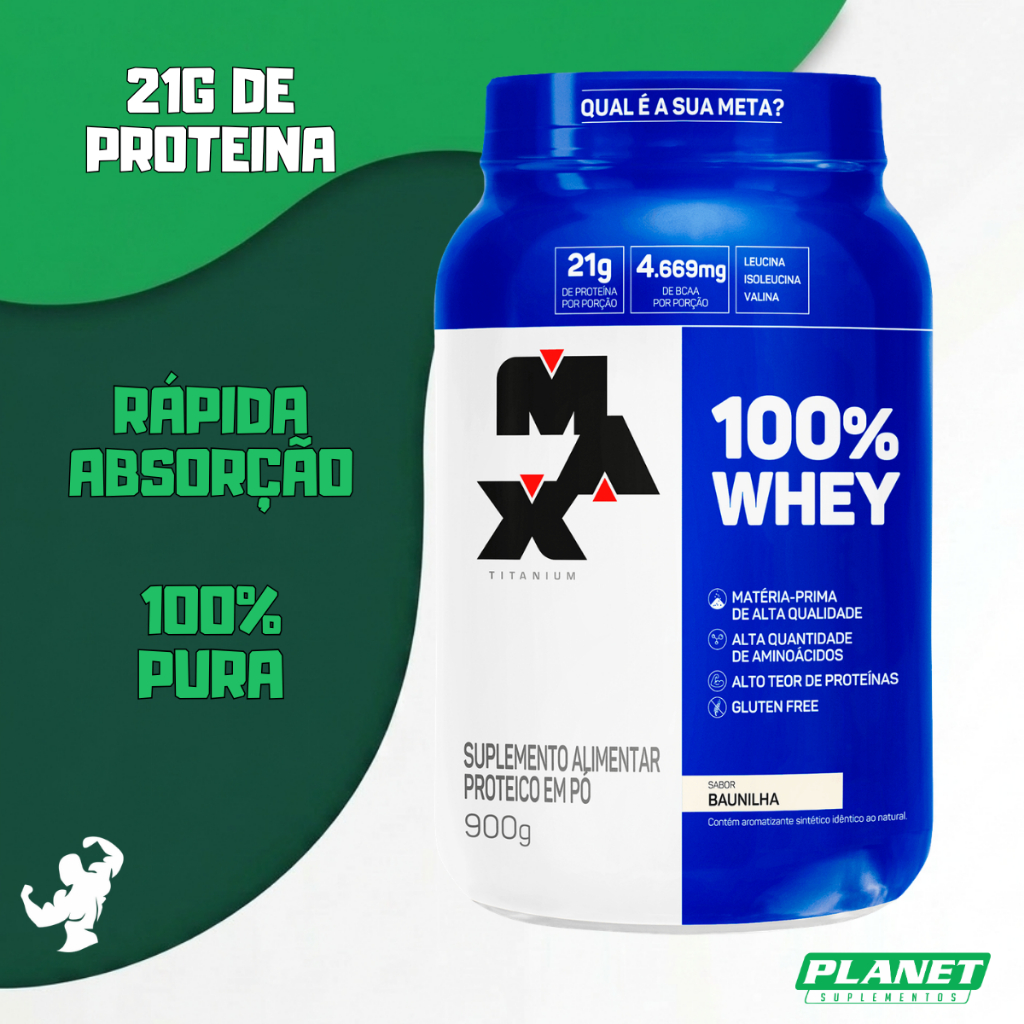 100% Whey Pote 900g Max Titanium Proteína Concentrada Ganho Massa Muscular Pós Treino Original Pura