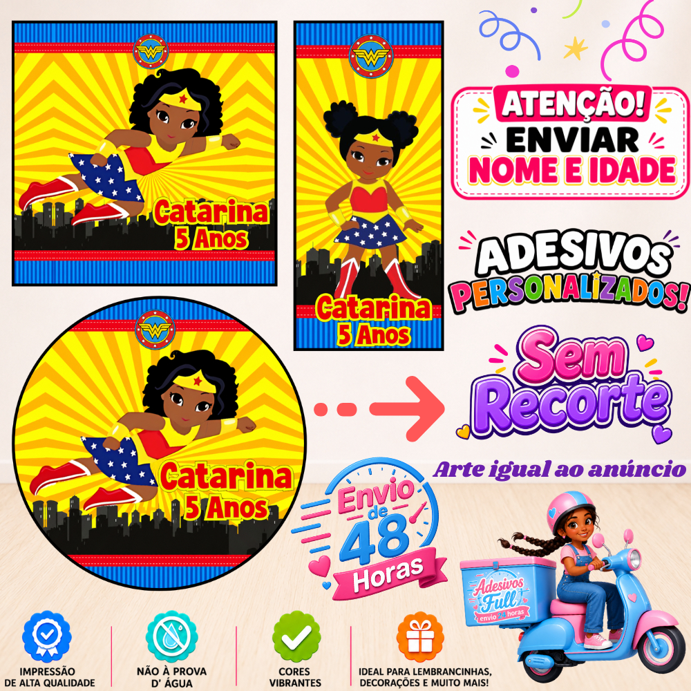Mulher Maravilha Cute Negra - 100/60/40 Adesivos Personalizados Lembrancinhas Festa Aniversário