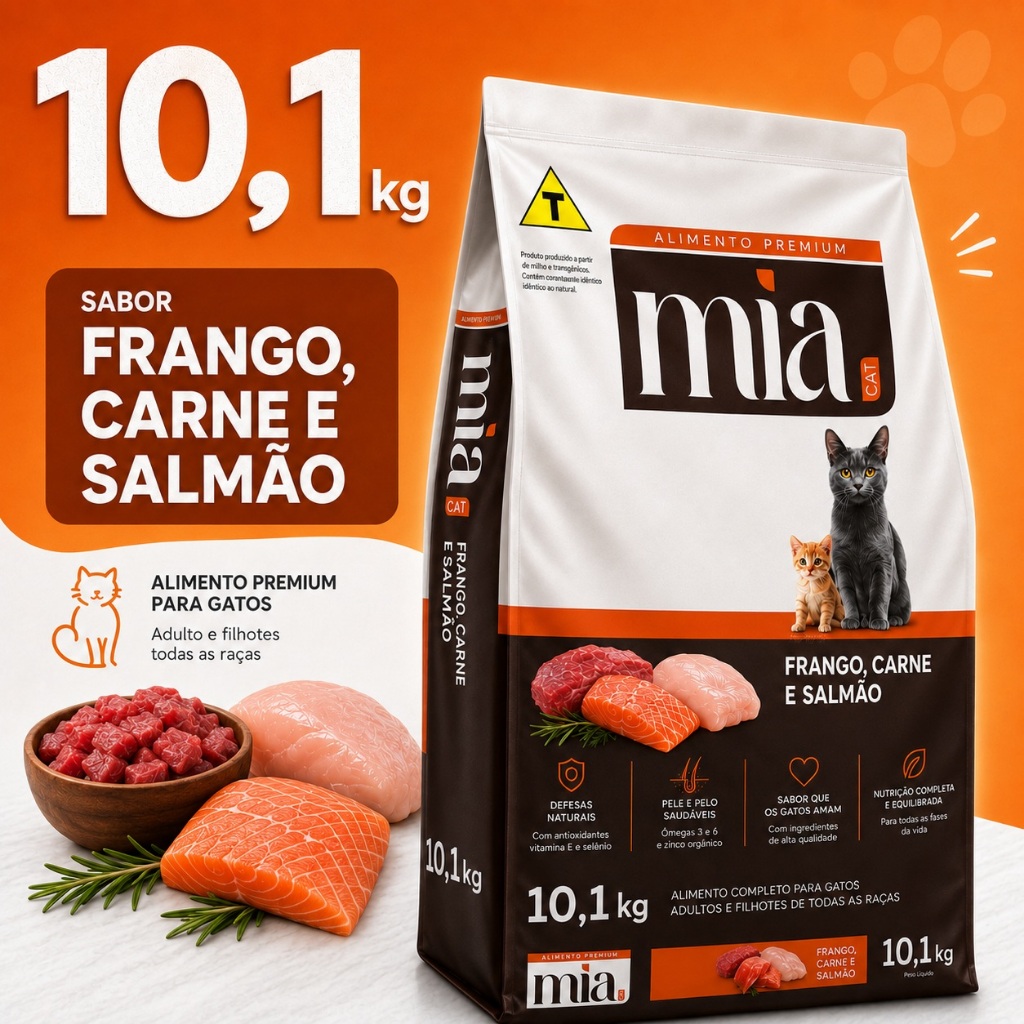 Ração Para Gato Filhote E Adulto 28g Proteína Mia Cat 10,1kg Frango Carne Salmão