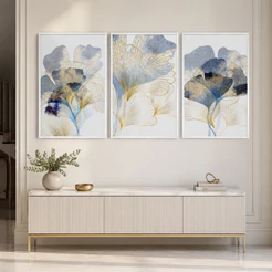 Quadro Decorativo Aquarela Floral 3 Telas Com Moldura Para Sala Quarto Escritório 50x75cm 60x90cm