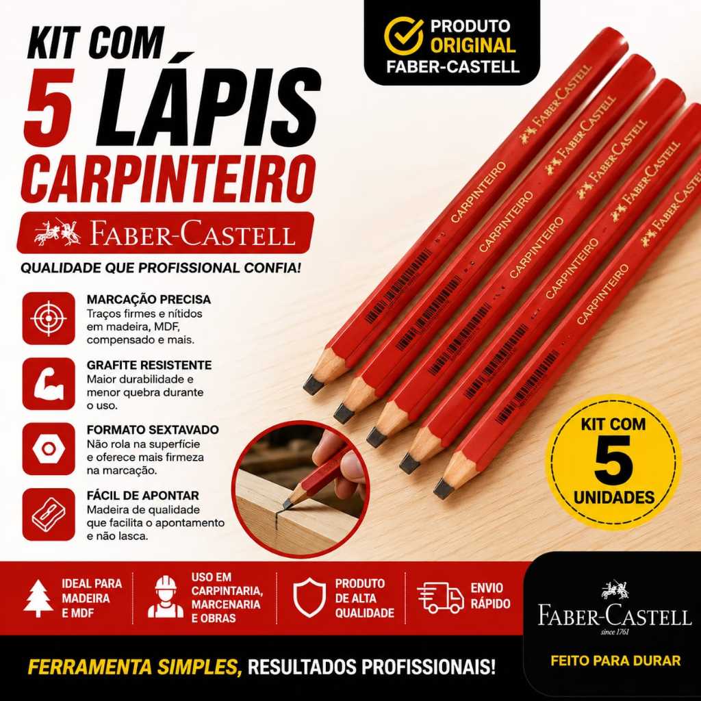 Kit 5 Lápis Carpinteiro e Marceneiro Vermelho Faber Castell