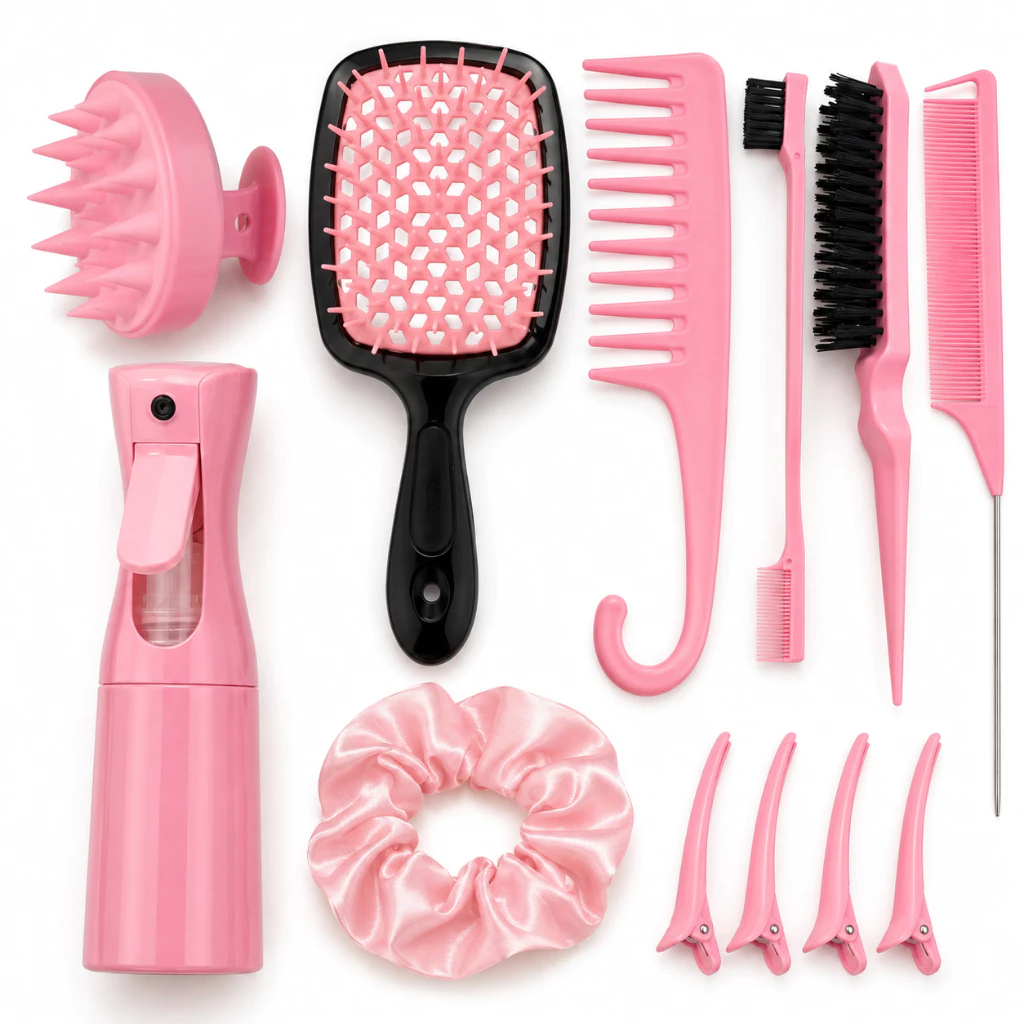 Kit Completo para Cabelo 12 Peças com Escova Pente Borrifador Presilhas e Scrunchie para Penteados