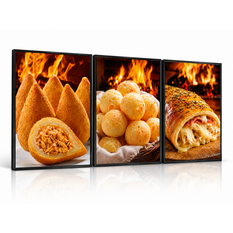 Kit 3 Quadros Decorativos Salgados Coxinha Pão de Queijo Forno Para Lanchonete Padaria e Cozinha