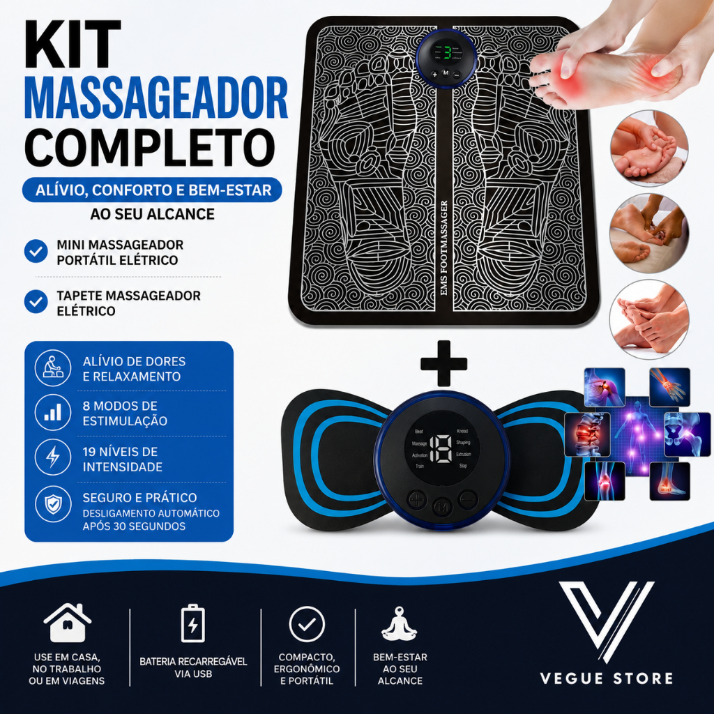 Kit Massageador Elétrico Relax Pro – Papete + Massagem Para Pés e Músculos