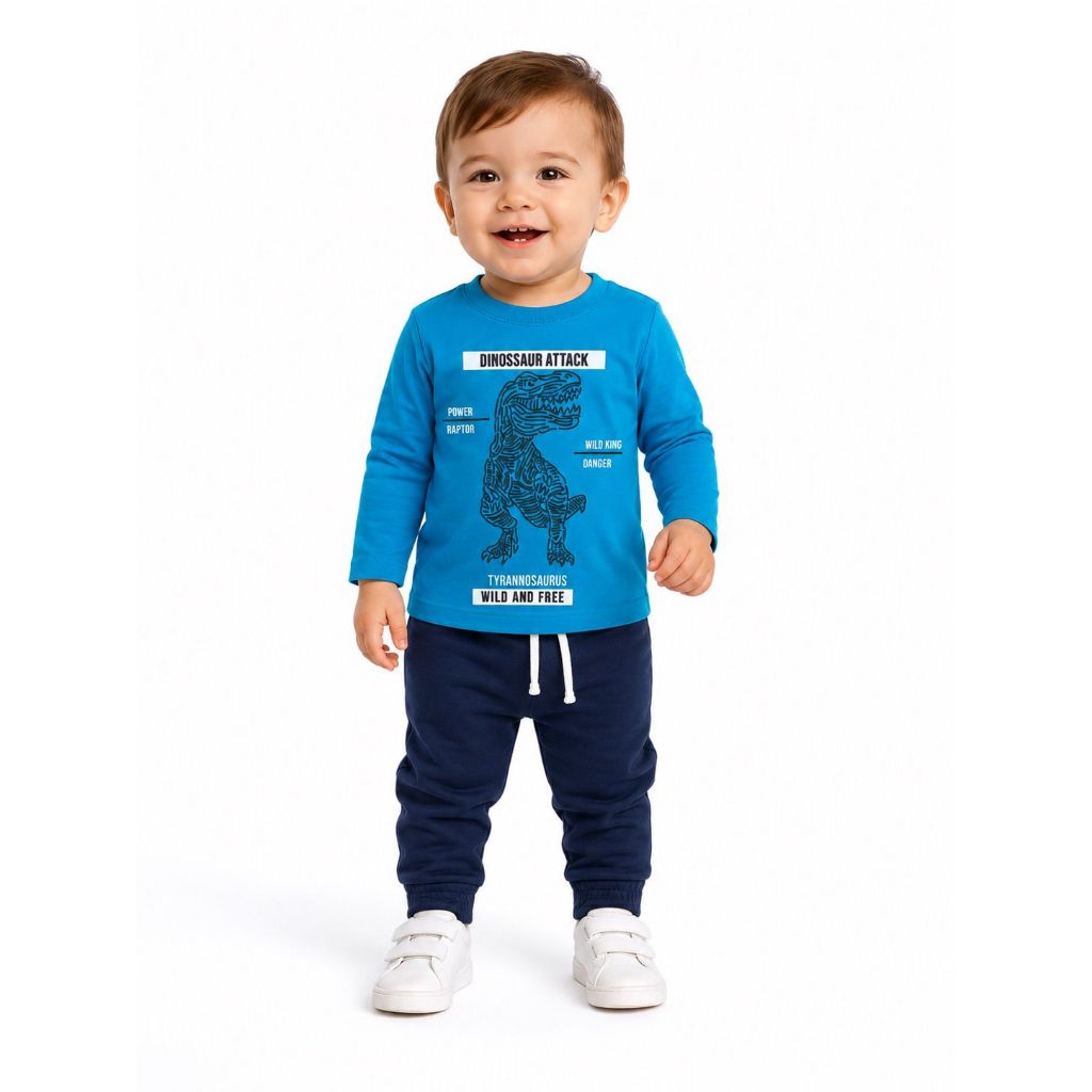 Conjunto Infantil Masculino Dinossauro Manga Longa Azul com Calça Moletinho Confortável
