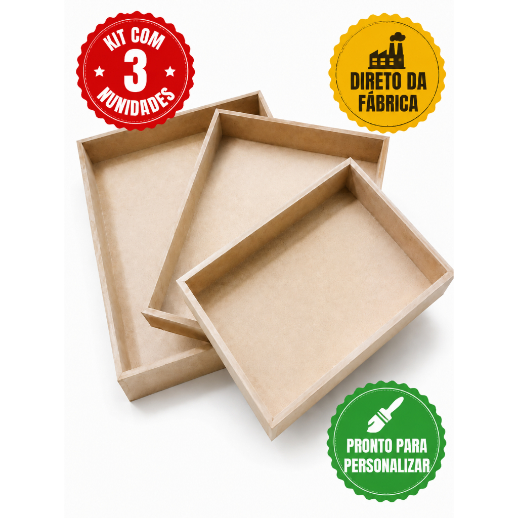 Kit 3 Bandejas MDF Cru 30x25 25x20 20x15 cm Artesanato Decoração