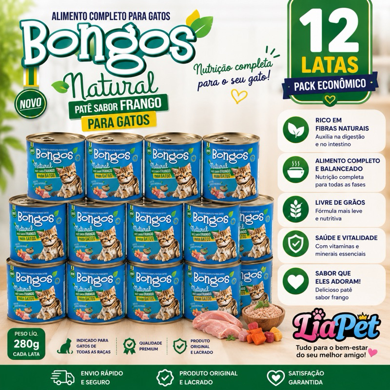 Kit 12 Unidades Ração Úmida Bongos Natural Patê Sabores para Gatos 280g | Premium Sem Grãos