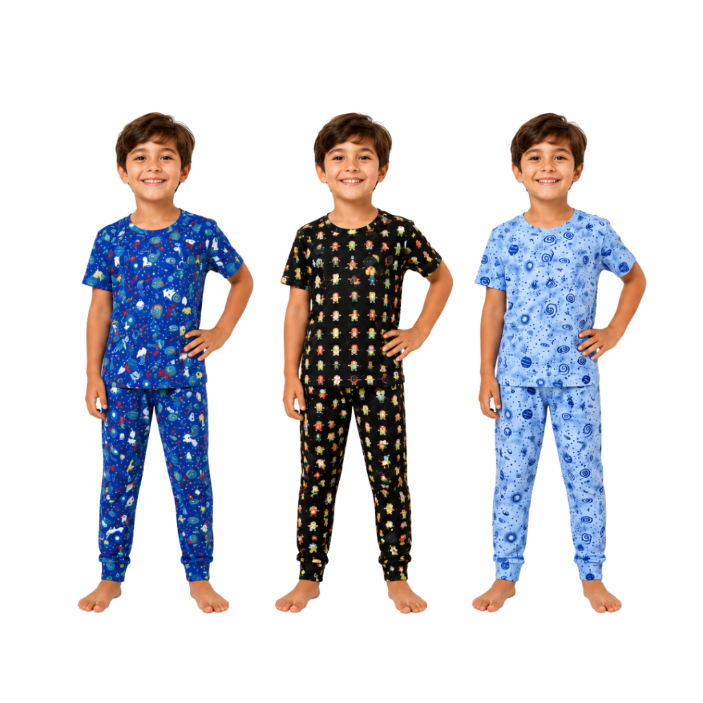 Pijama Infantil Masculino Estampado com Calça Longa e Blusa Manga Curta