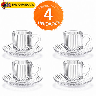 Xícara de Café de Vidro com Pires 2 ou 4 Unidades 80ml Conjunto 2 Unidades Luxo Laure Filete Transparente