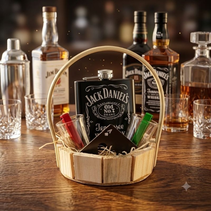 ​Kit Presente Masculino Cestinha Bar Personalizado Com Cantil De Bolso Inox Abridor Carta Baralho 2 Copos Dose Chaveiro