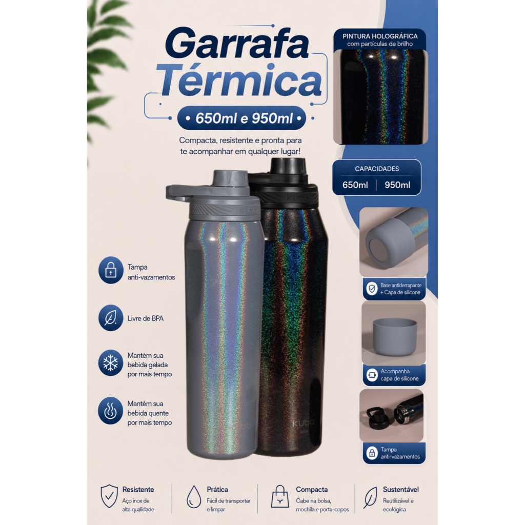 Garrafa Térmica Inox Kubb Hydra 650ml ou 950ml Perolada Personalizada — foto 3