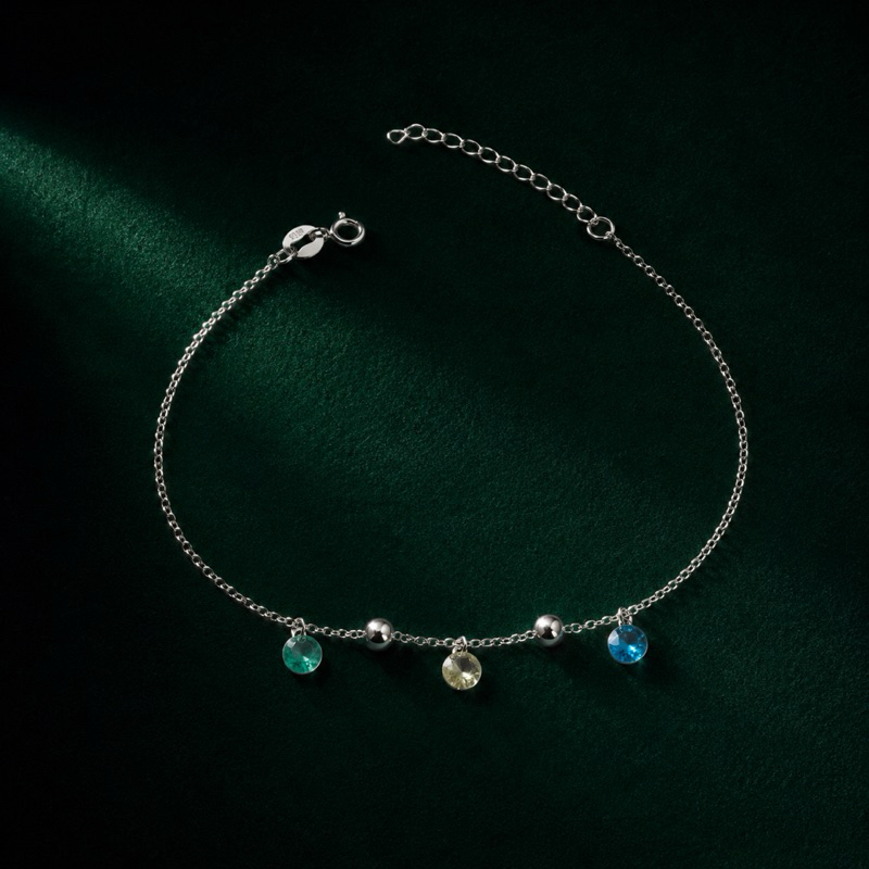 Pulseira Prata 925 Legítima com Pedras Coloridas e Bolinhas Delicada Feminina