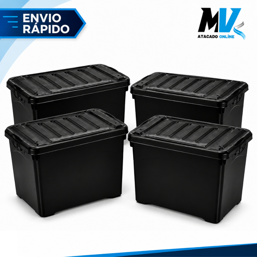 Kit 4 Unidades Caixa Organizadora 95 Litros Preta Com Rodinhas e Trava Para Transporte HeavyBox