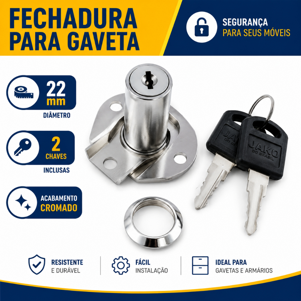Fechadura para Gaveta 22mm Cromada com 2 Chaves para Armário Móveis Escrivaninha e Balcão